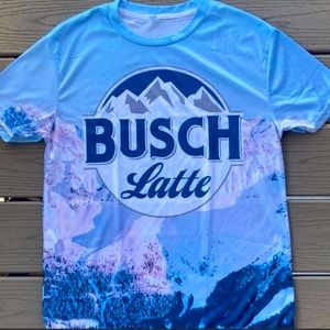 Busch Latte, Medium, T-Shirt, 90:10 polyester:spandex, never worn, light blue